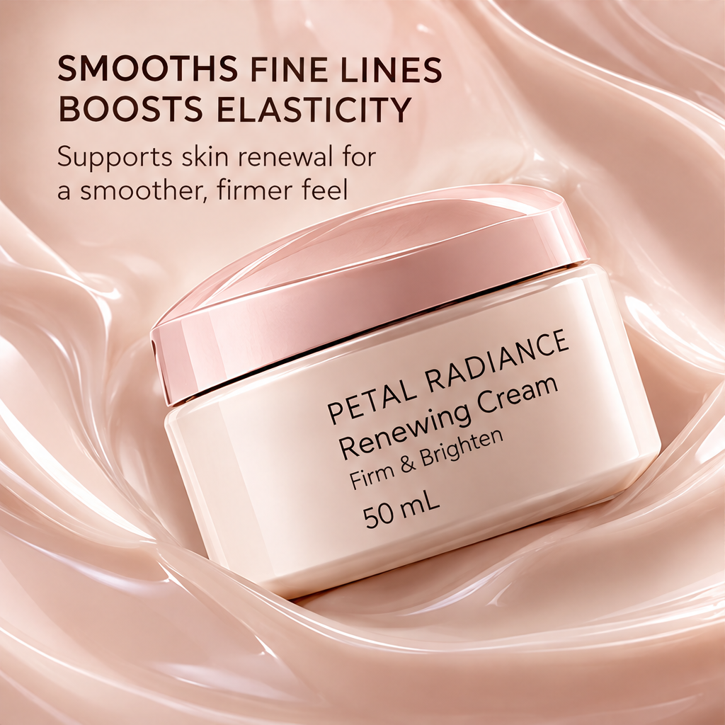 DOZMIOS Renewing Cream open jar in silk with text: Smooths Fine Lines Boosts Elasticity — Supports skin renewal for a smoother firmer feel