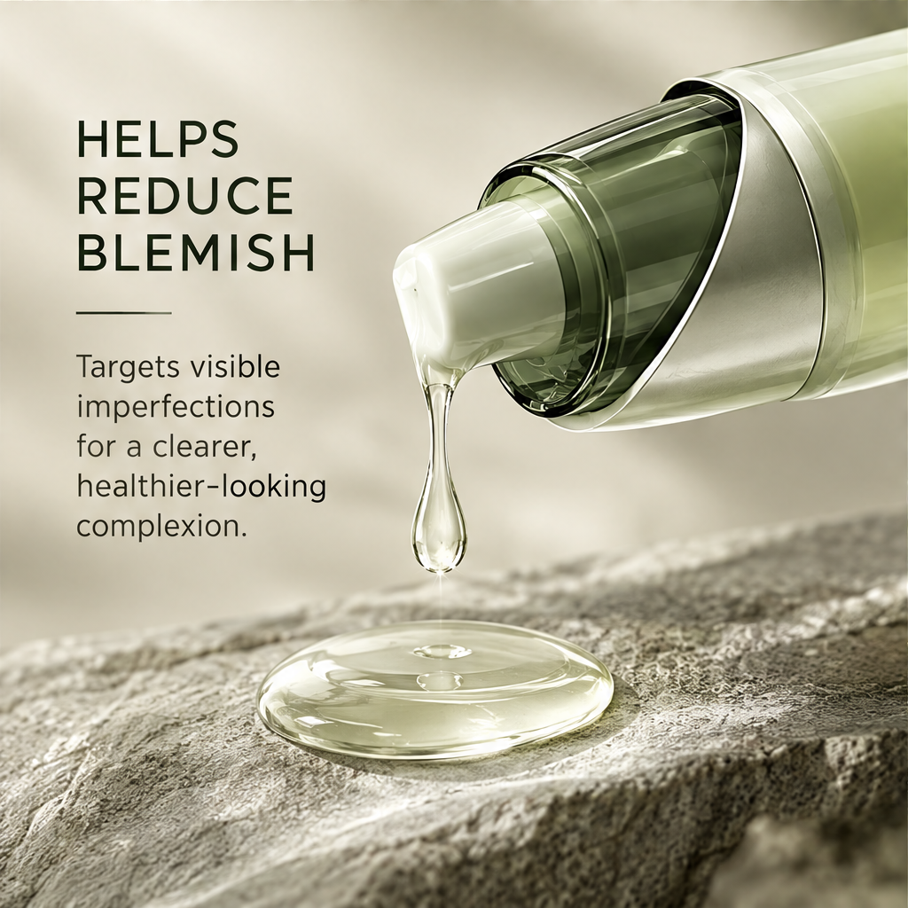 DOZMIOS Clarifying Serum dripping with text: Helps Reduce Blemish — Targets visible imperfections for a clearer healthier-looking complexion