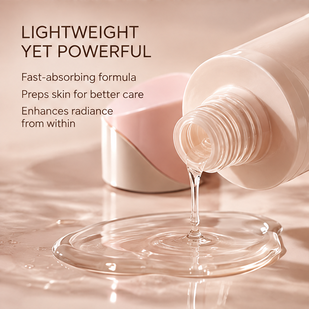 DOZMIOS Glow Toner on stone platform with text: Radiant Skin Starts Here — Awakens natural glow, evens skin tone, refines texture
