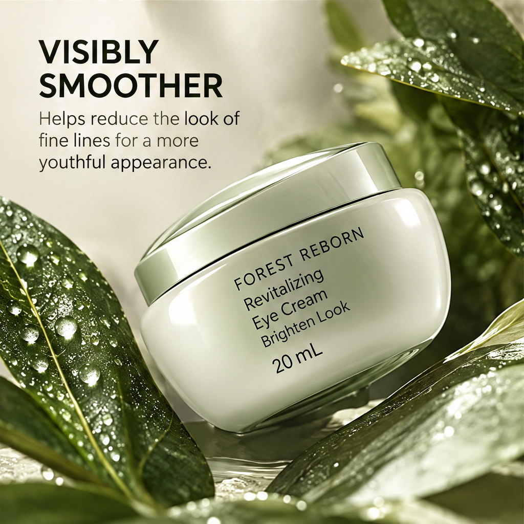 DOZMIOS Revitalizing Eye Cream among green leaves with text: Visibly Smoother — Helps reduce the look of fine lines for a more youthful appearance