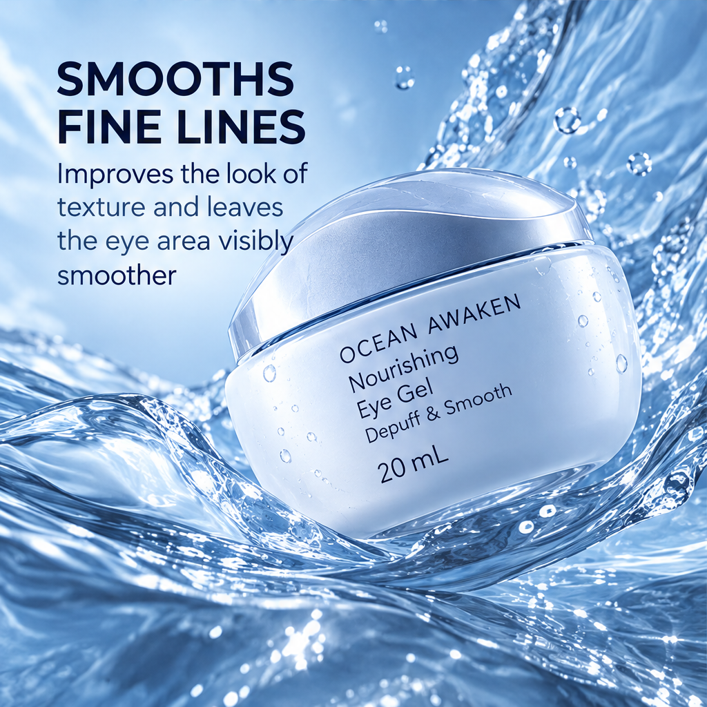 DOZMIOS Nourishing Eye Gel displayed on stone platform with Greek ruins and ocean arch backdrop