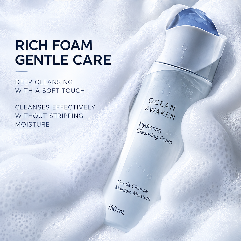 DOZMIOS Hydrating Cleansing Foam displayed on rocks with crystal clear ocean and arch backdrop