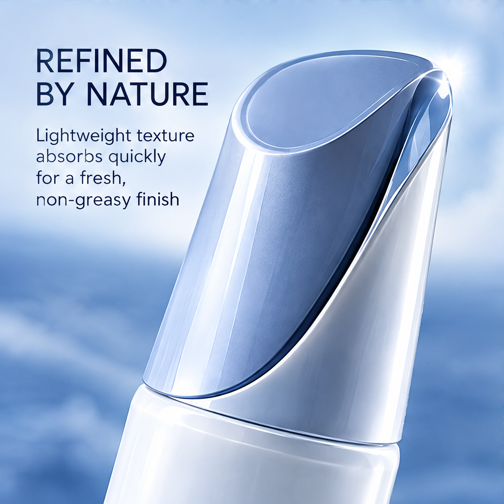 DOZMIOS Replenishing Serum cap close-up with text: Refined by Nature — Lightweight texture absorbs quickly for a fresh non-greasy finish