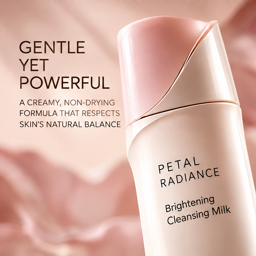DOZMIOS Brightening Cleansing Milk cap close-up with silk backdrop with text: Gentle Yet Powerful — A creamy non-drying formula that respects skin's natural balance