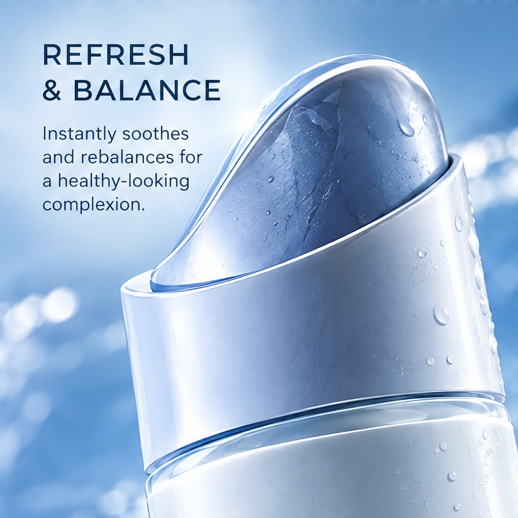 DOZMIOS Essence Toner cap close-up with text: Refresh & Balance — Instantly soothes and rebalances for a healthy-looking complexion