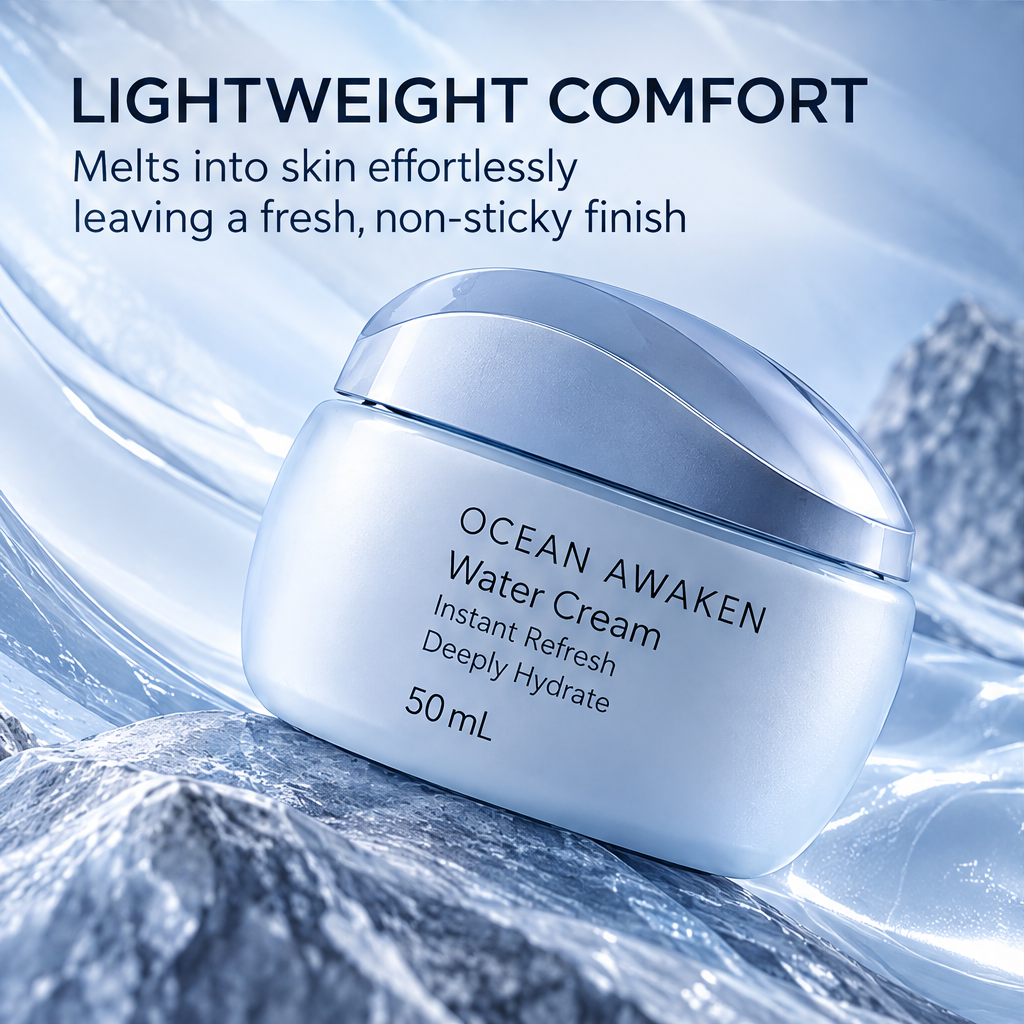DOZMIOS Water Cream displayed on stone platform surrounded by ice rocks and arch water reflection backdrop