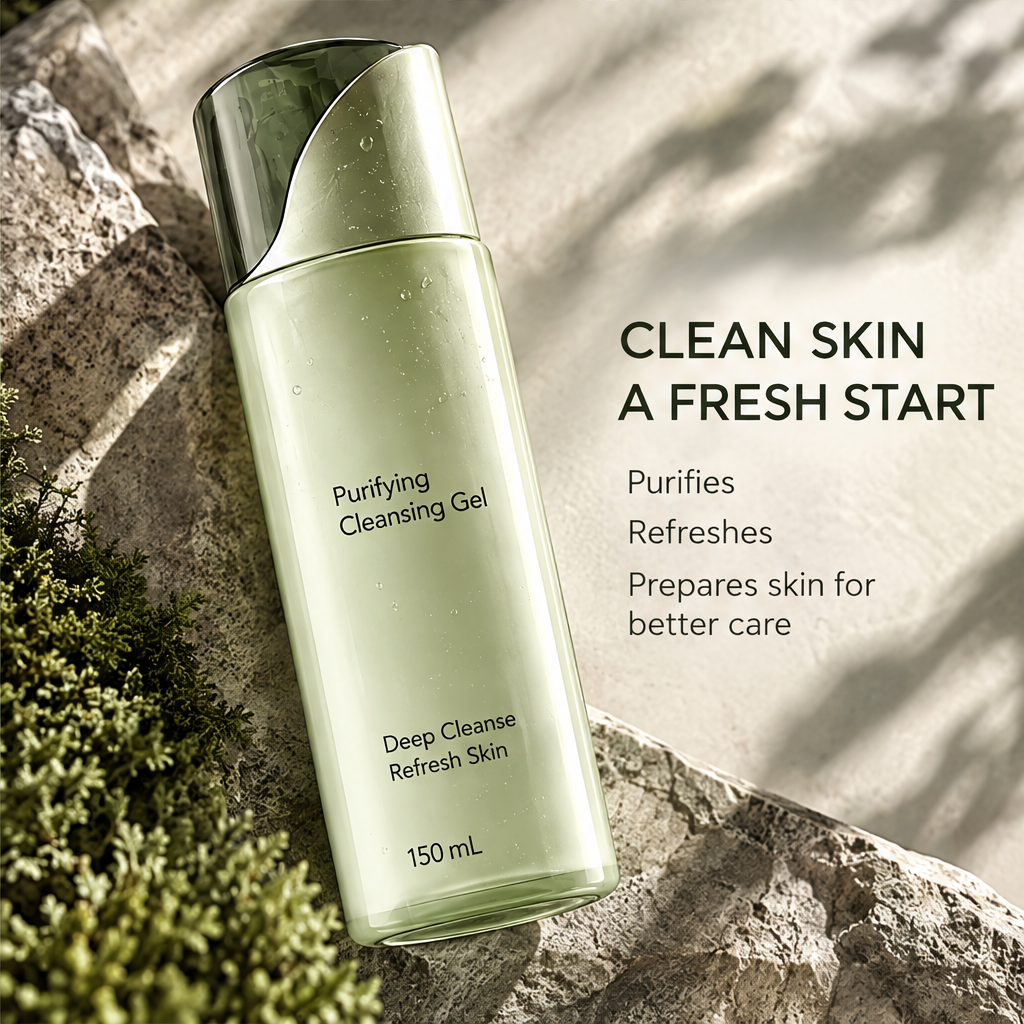 DOZMIOS Purifying Cleansing Gel on stone with text: Clean Skin A Fresh Start — Purifies, Refreshes, Prepares skin for better care