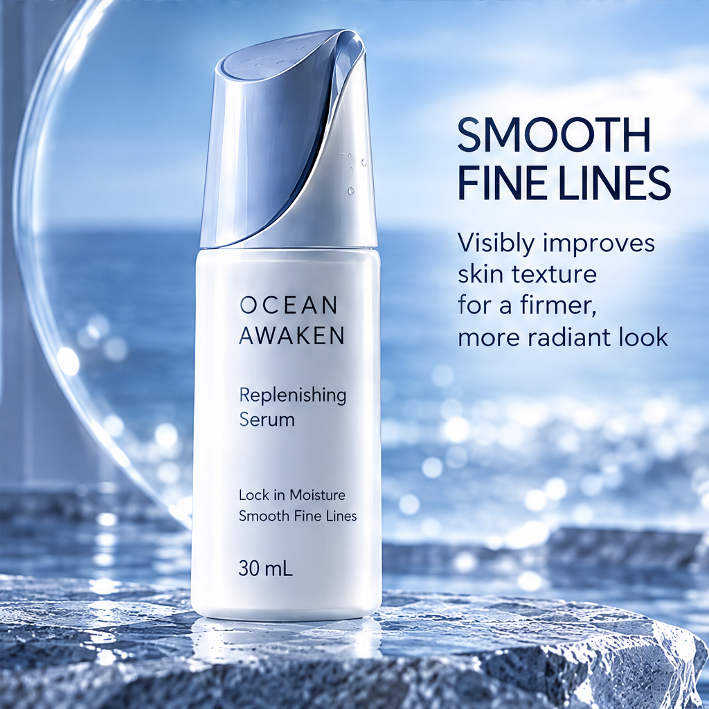 DOZMIOS Replenishing Serum on rock with text: Lock in Moisture — Instant and lasting hydration for a plump supple complexion