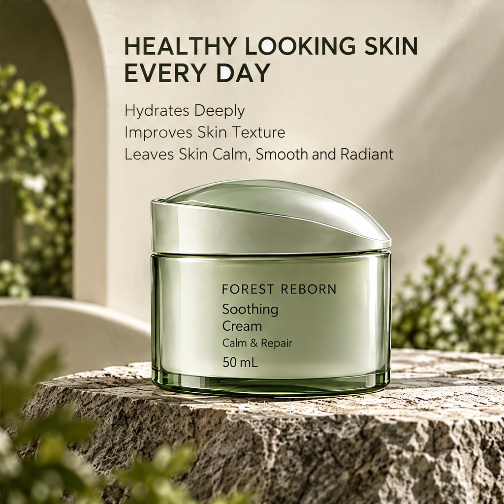DOZMIOS Soothing Cream on stone with text: Healthy Looking Skin Every Day — Hydrates Deeply, Improves Skin Texture, Leaves Skin Calm Smooth and Radiant