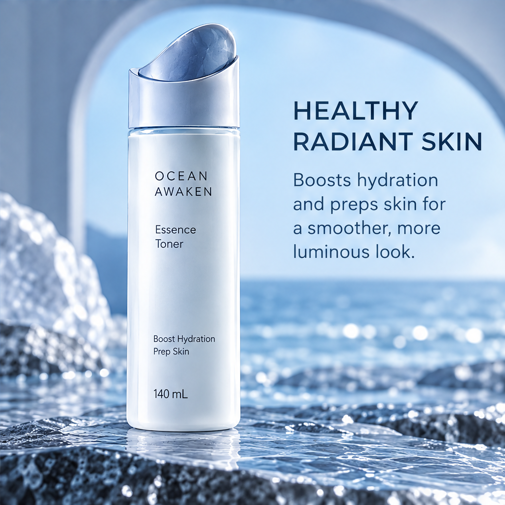 DOZMIOS Essence Toner floating in blue water with text: Prep Skin For More — Helps skin absorb skincare better for visible results