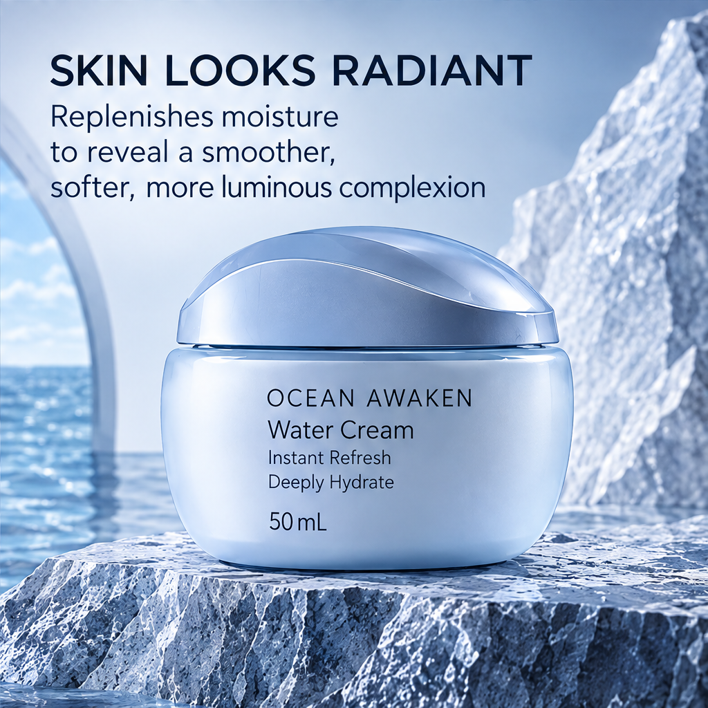 DOZMIOS Water Cream on icy mountain rock with text: Lightweight Comfort — Melts into skin effortlessly leaving a fresh non-sticky finish