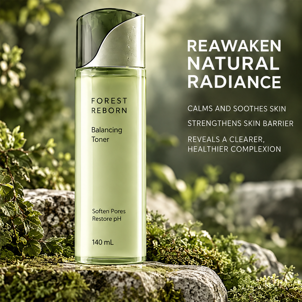 DOZMIOS Balancing Toner in natural setting with text: Reawaken Natural Radiance — Calms and soothes skin, Strengthens skin barrier, Reveals a clearer healthier complexion