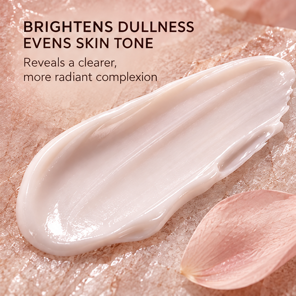 DOZMIOS Renewing Cream texture swipe with petals with text: Brightens Dullness Evens Skin Tone — Reveals a clearer more radiant complexion