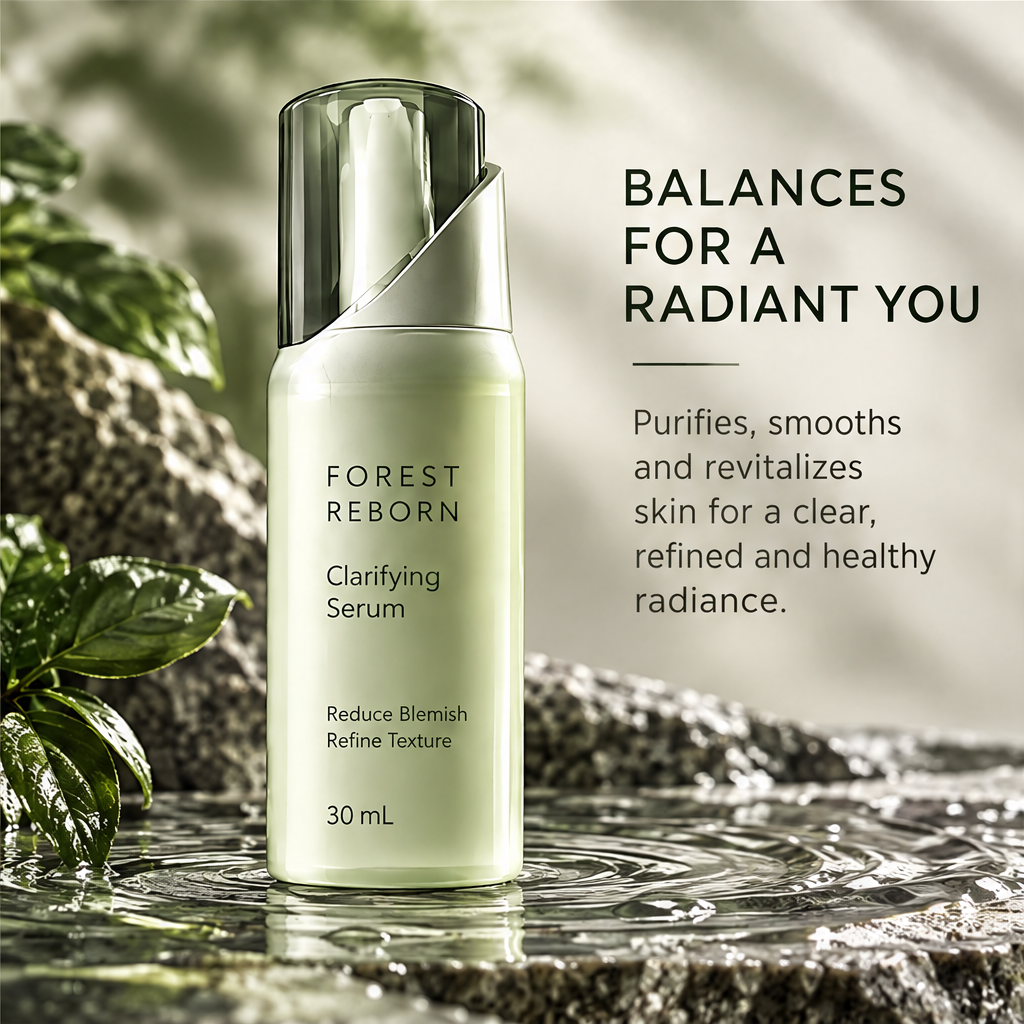 DOZMIOS Clarifying Serum on water surface with text: Balances for a Radiant You — Purifies smooths and revitalizes skin for a clear refined and healthy radiance