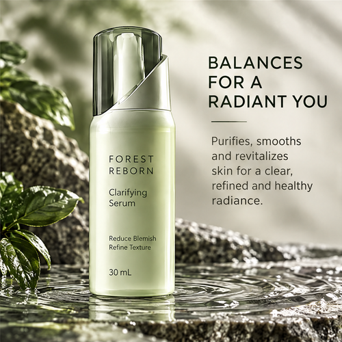 DOZMIOS Clarifying Serum on water surface with text: Balances for a Radiant You — Purifies smooths and revitalizes skin for a clear refined and healthy radiance