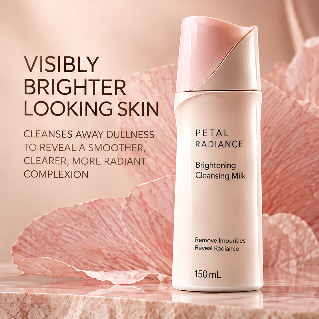 DOZMIOS Brightening Cleansing Milk on rose petal rocks with text: Cleanse Brighten Reveal — A gentle start to brighter more radiant skin
