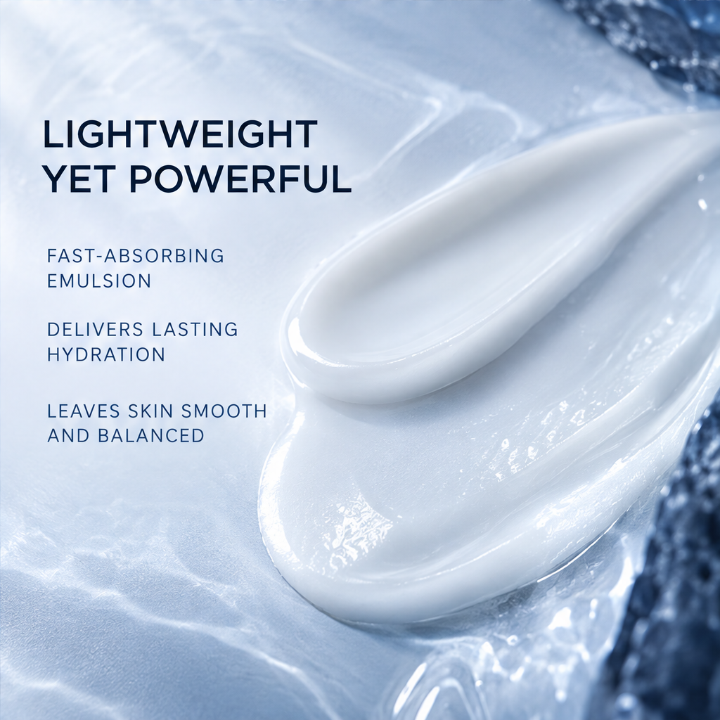 DOZMIOS Barrier Emulsion in ocean water with text: Deep Hydration That Lasts — Locks in Moisture, Replenishes Dryness, Keeps Skin Soft and Supple