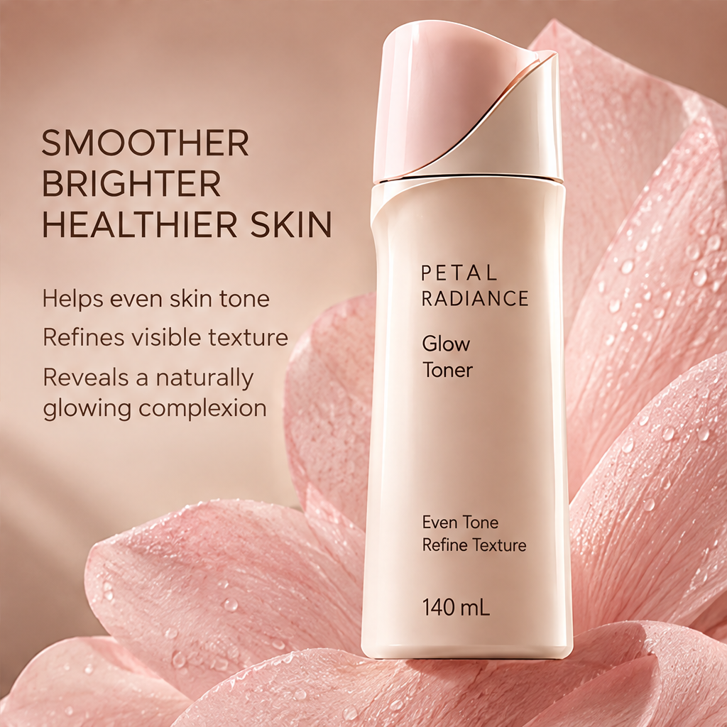 DOZMIOS Glow Toner on pink rock with text: Deep Hydration for a Healthy Glow — Replenishes moisture, helps improve skin smoothness, leaves skin dewy and refreshed
