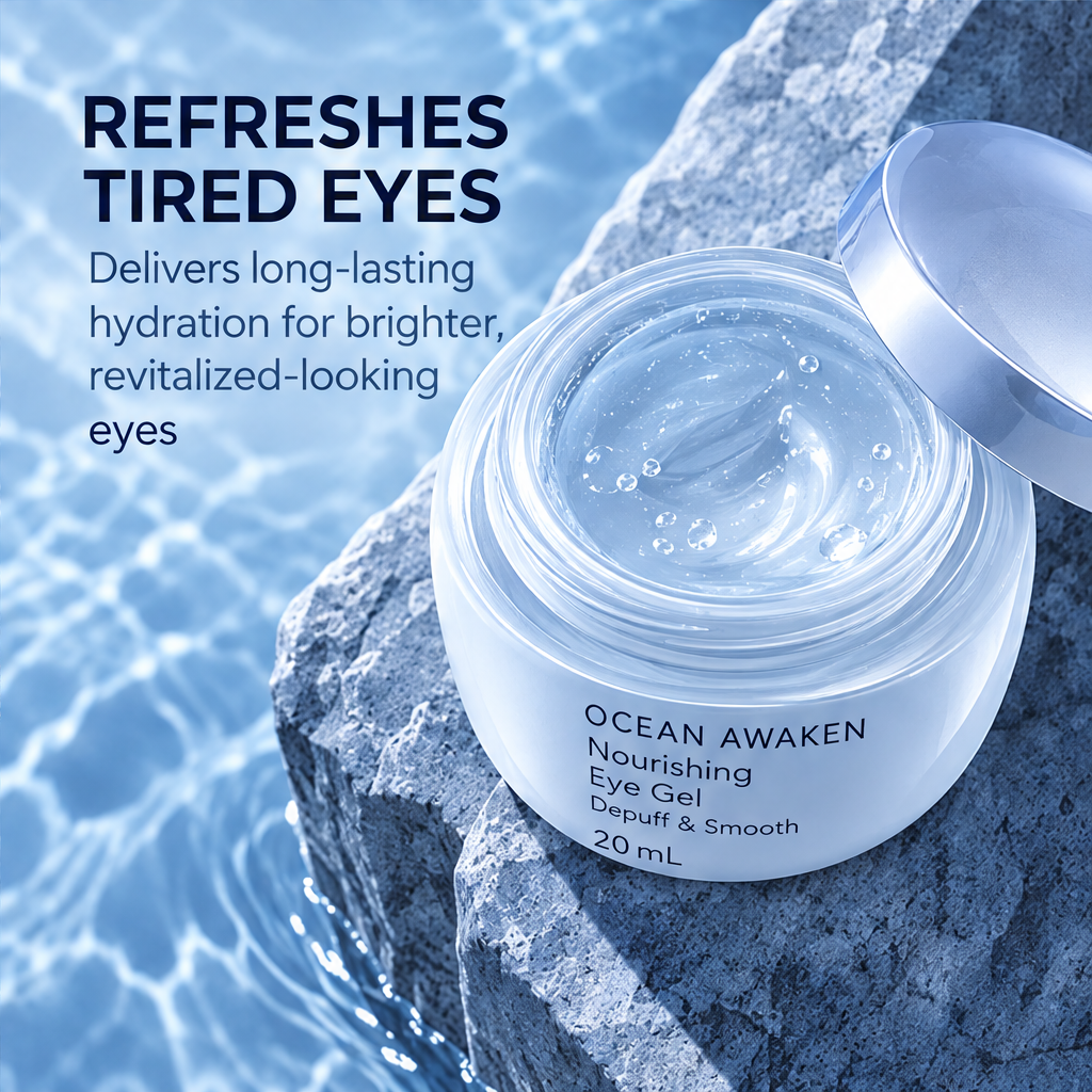 DOZMIOS Nourishing Eye Gel in ocean waves with text: Smooths Fine Lines — Improves the look of texture and leaves the eye area visibly smoother