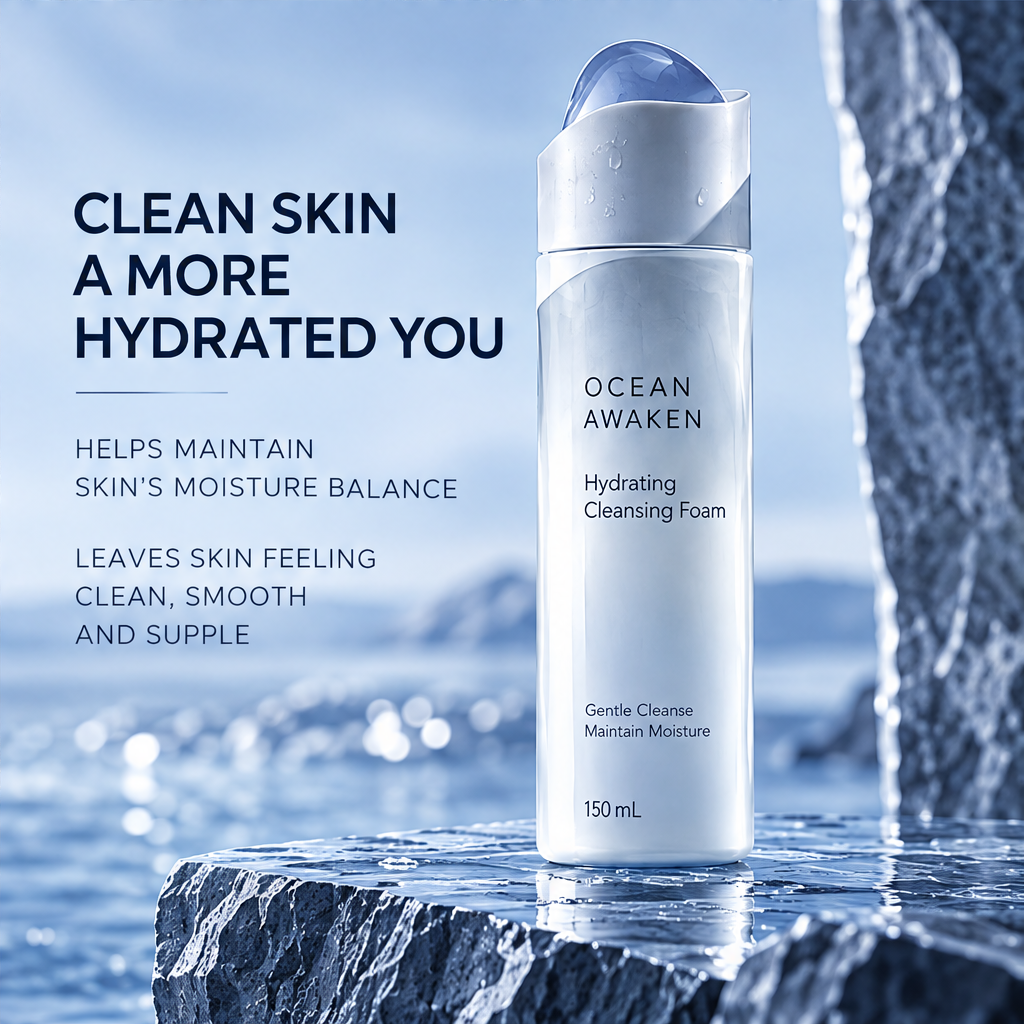 DOZMIOS Hydrating Cleansing Foam in water splash with text: Deep Cleanse Lasting Hydration — Purify Skin Without Dryness, Cleaner Softer Healthier-Looking Skin